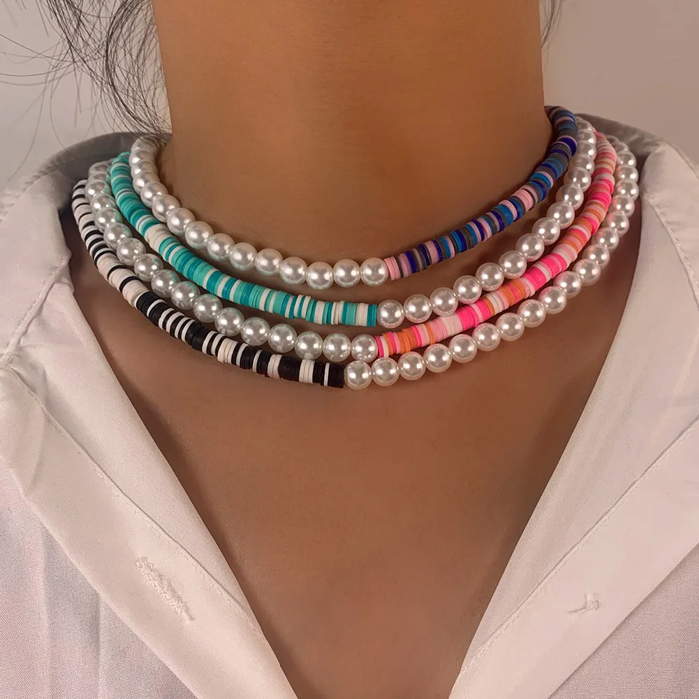 New Trendy Colorful Polymer Clay Beads Necklace For Women Asymmetry Imitation Natural Pearl Chain Necklace