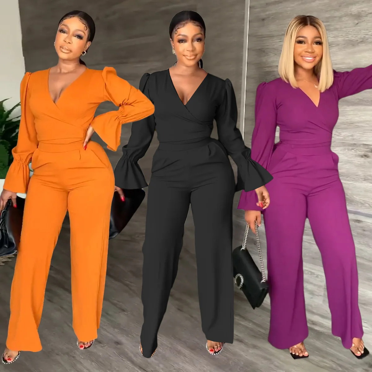 BOBOYU fall 2022 new arrivals elegant two piece pants set flare sleeve v neck crop top women wide leg pants classy two piece set