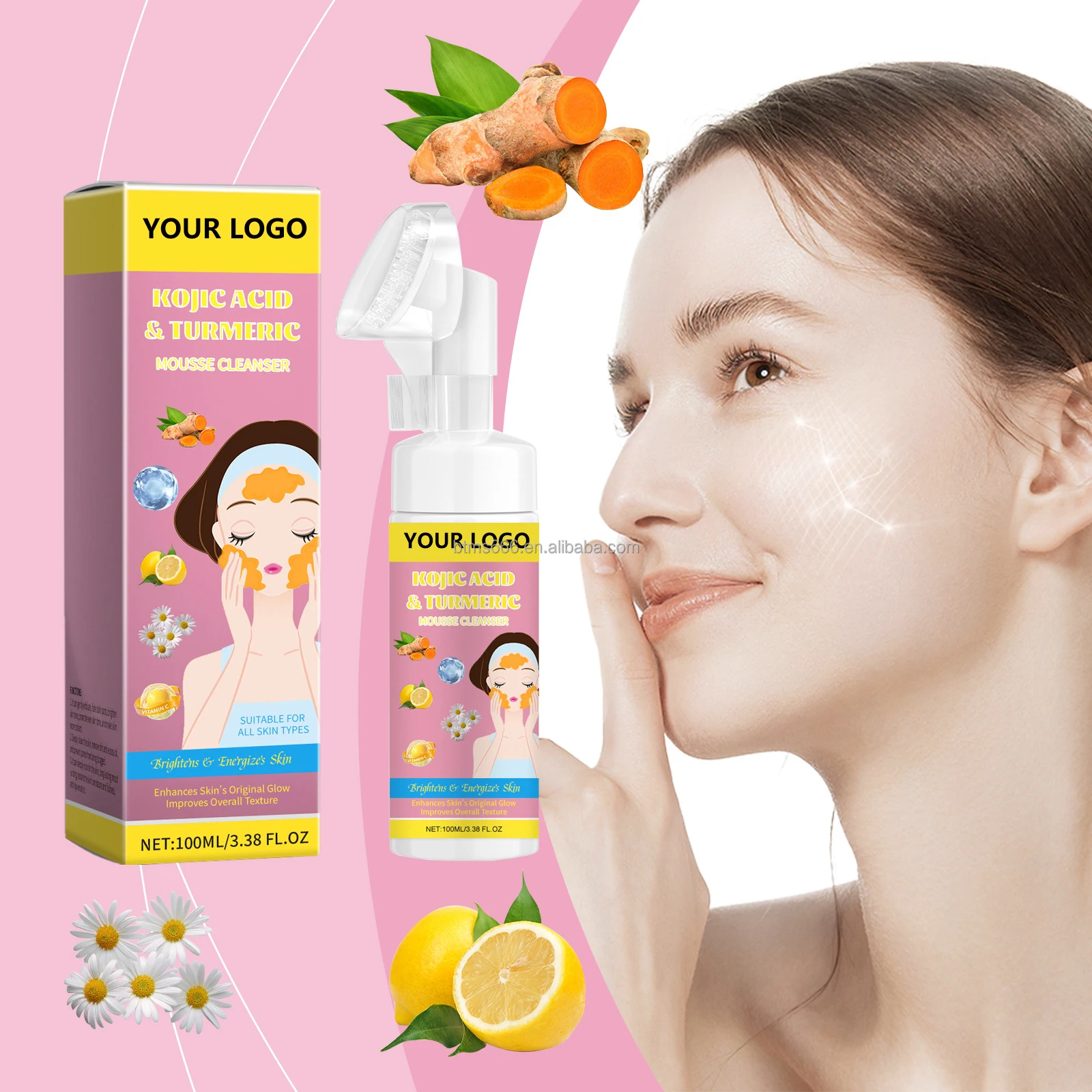 Bettermiss Facial Foaming Cleanser Deep Cleansing Moisturizing Kojic Acid Turmeric Mousse for Face Body Wash Brightening