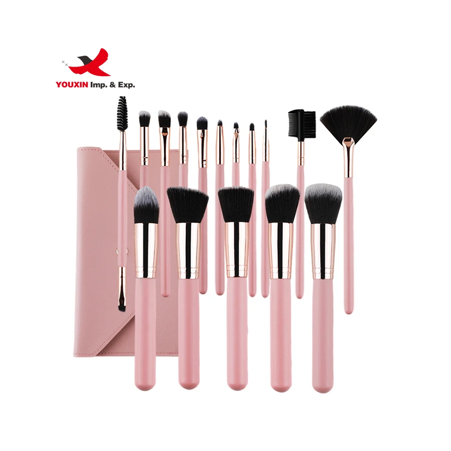 Factory Direct Sale Professional 16Pcs Wood Handle Makeup Brush Set Elegant Pink Thickened Aluminum Tube Makeup Brushes