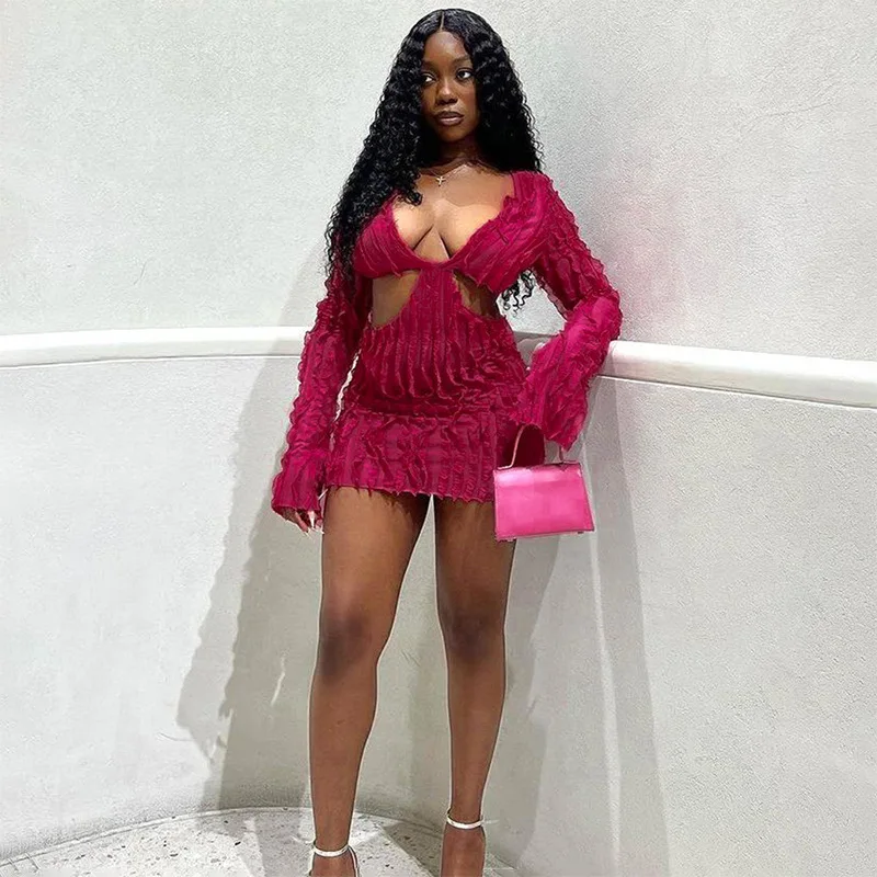Autumn New Fashion Mesh Wave Pattern Sexy Wrap Hip Dress