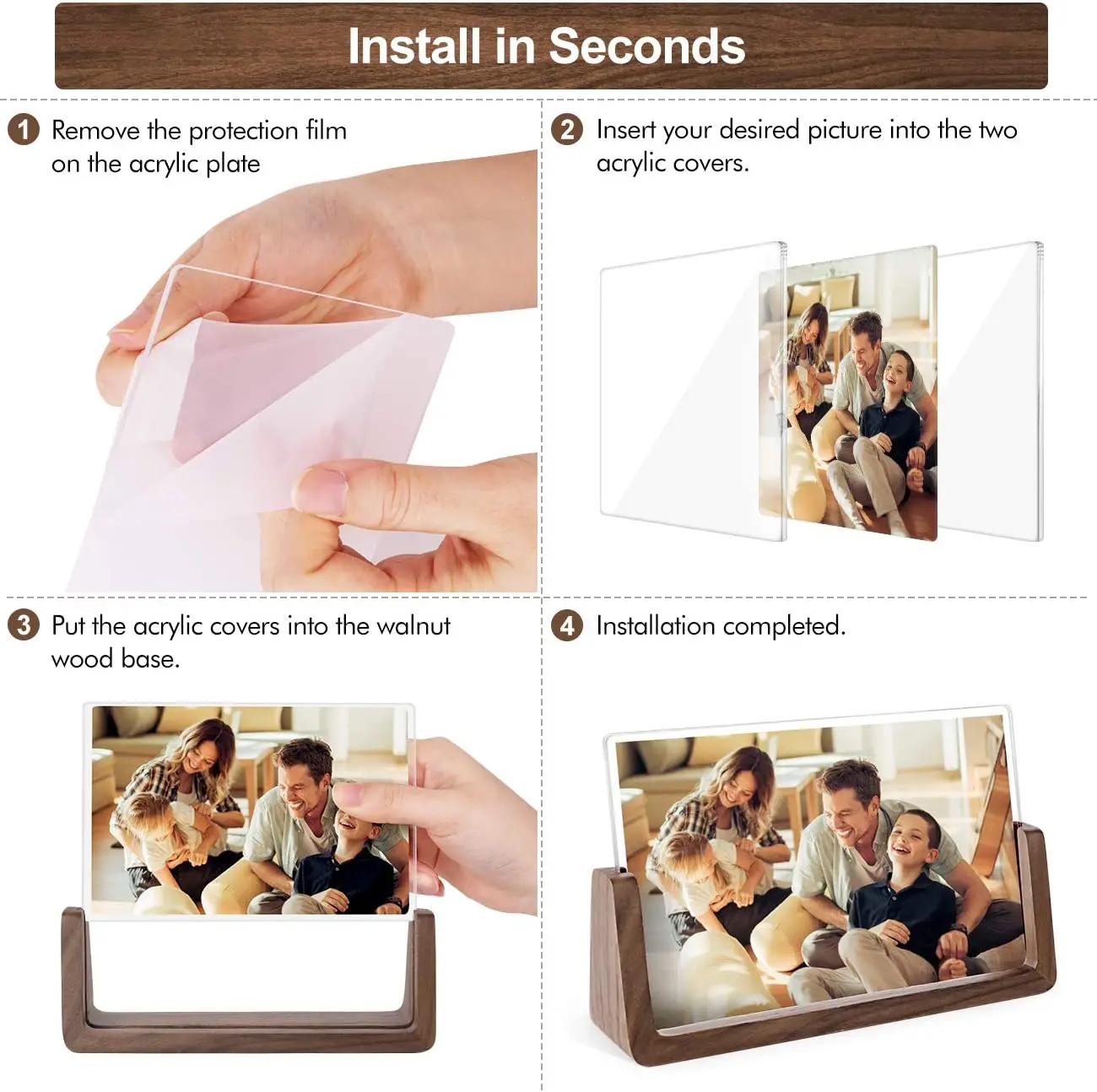 Picture Frame 2 Pack - Rustic Wooden Photo Frames with Walnut Wood Base and High Definition Break Free Acrylic Glass Covers