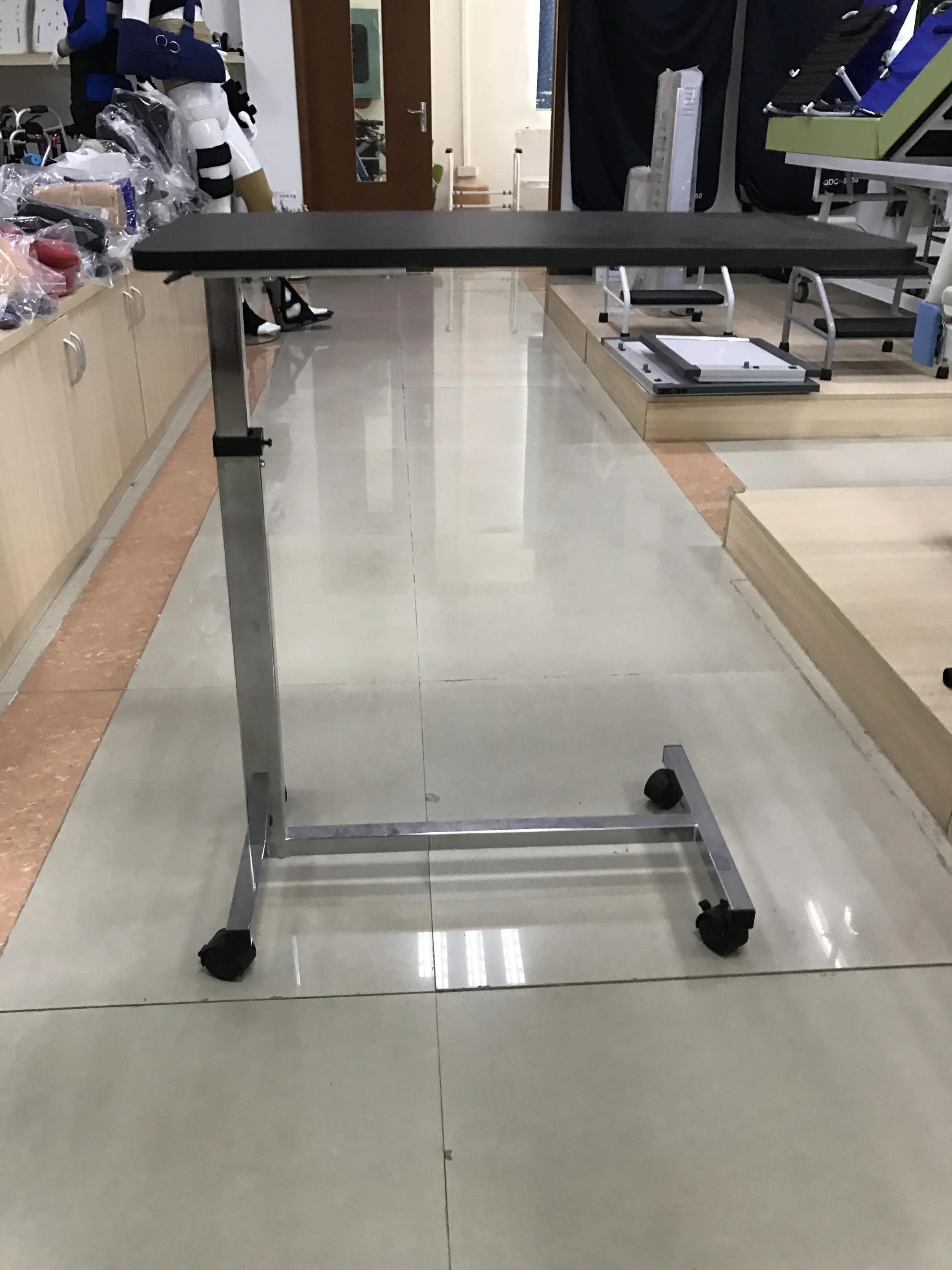 Adjustable Gas Spring Bedside Table with Wood Grain Countertop Stainless Steel Manual