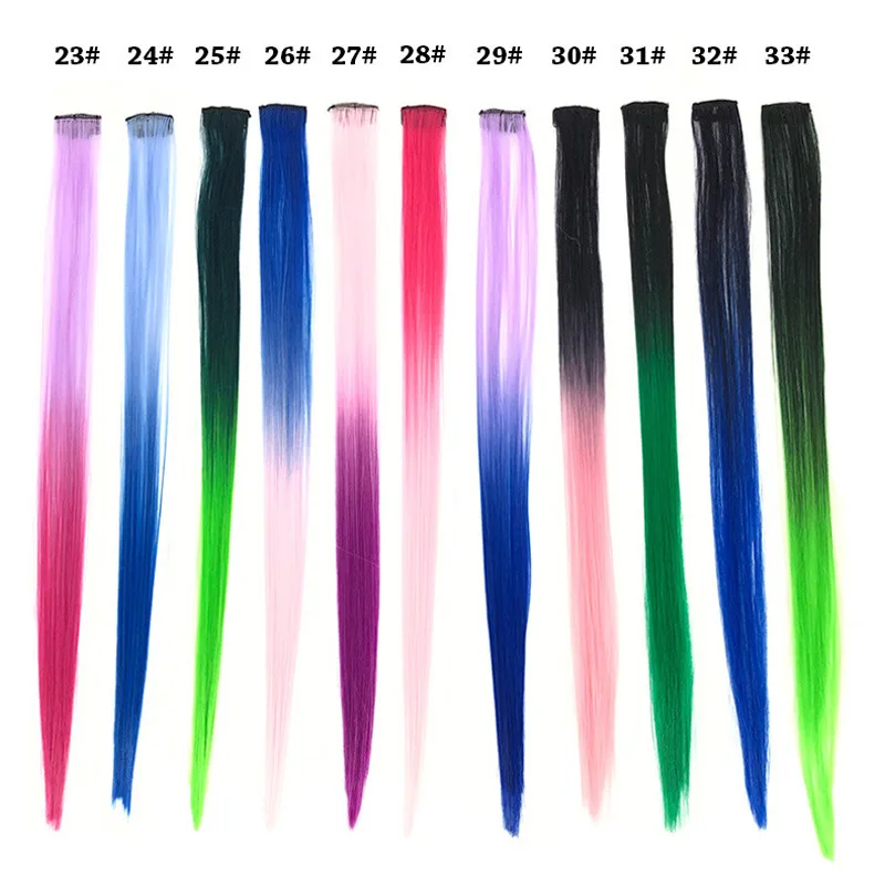 33colors Straight Rainbow Clip Gradient Hair 20inch Synthetic Colorful Hair Extensions Ombre Hairpiece For Girls