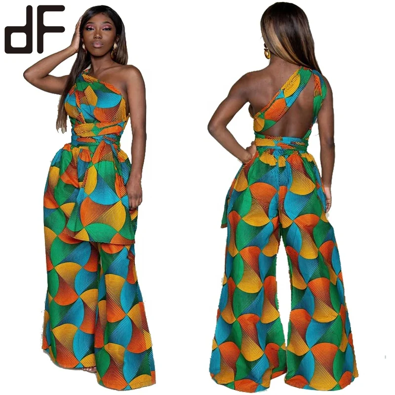 New Arrival African Women Clothes Plus Size Jumpsuits Rompers Windmill Printed Sexy V Neck Backless Night Club Wear Jumpsuits