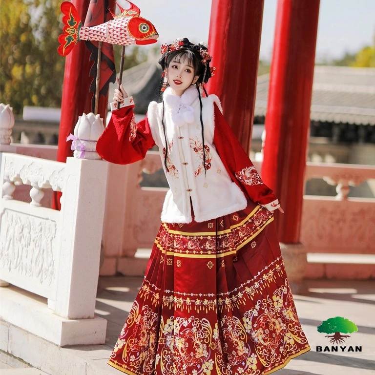 Осень-зима Женская юбка с лошадиным лицом жилет элементами китайского стиля утолщенный костюм династии Мин комплект из ханьфу