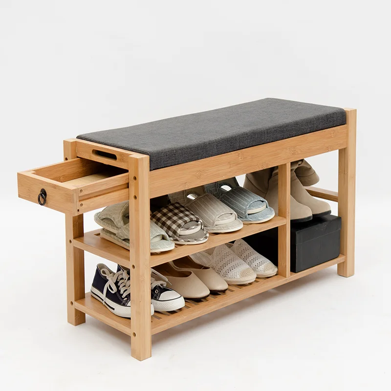 2 layers shoe rack with seat cushion and drawer, bamboo shoe stool for entrance