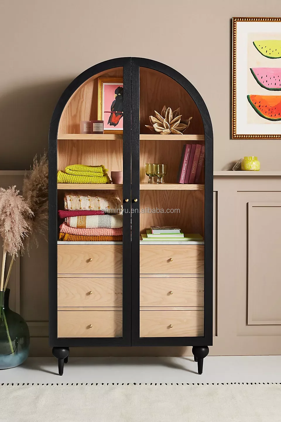 Luxury Restaurant Furniture Mid century-style Solid oak Double glass Door Storage Cabinet For House