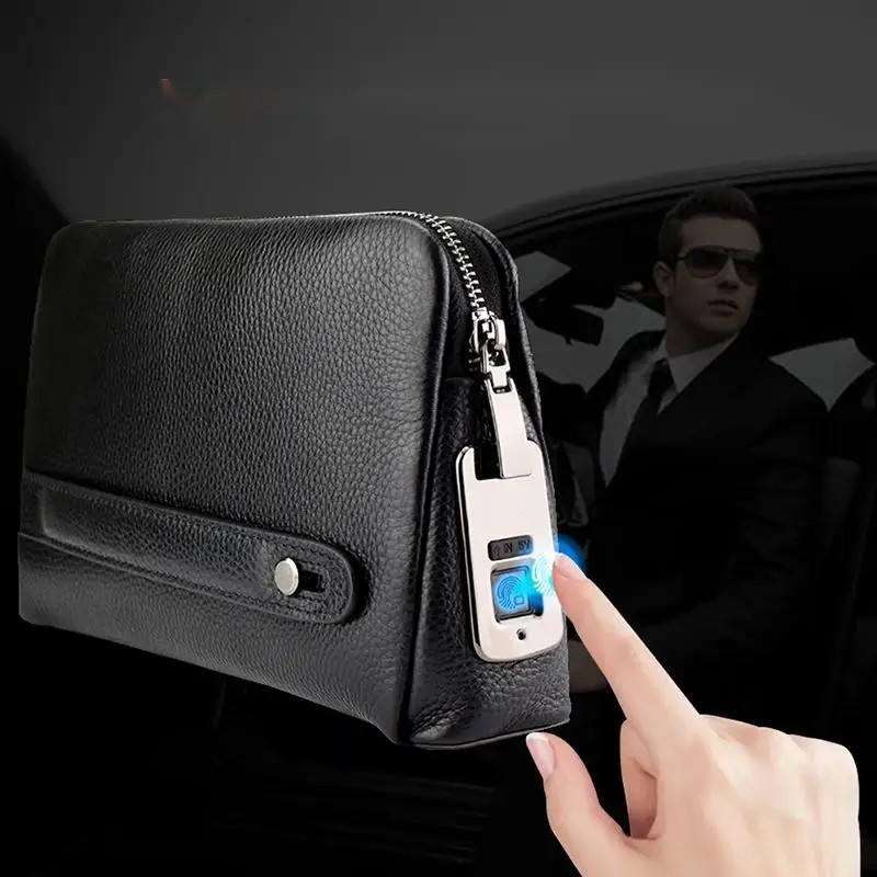 Fashionable leather business bag for men Wholesale business men fingerprint handbag with fingerprint lock Fingerprint Handbag