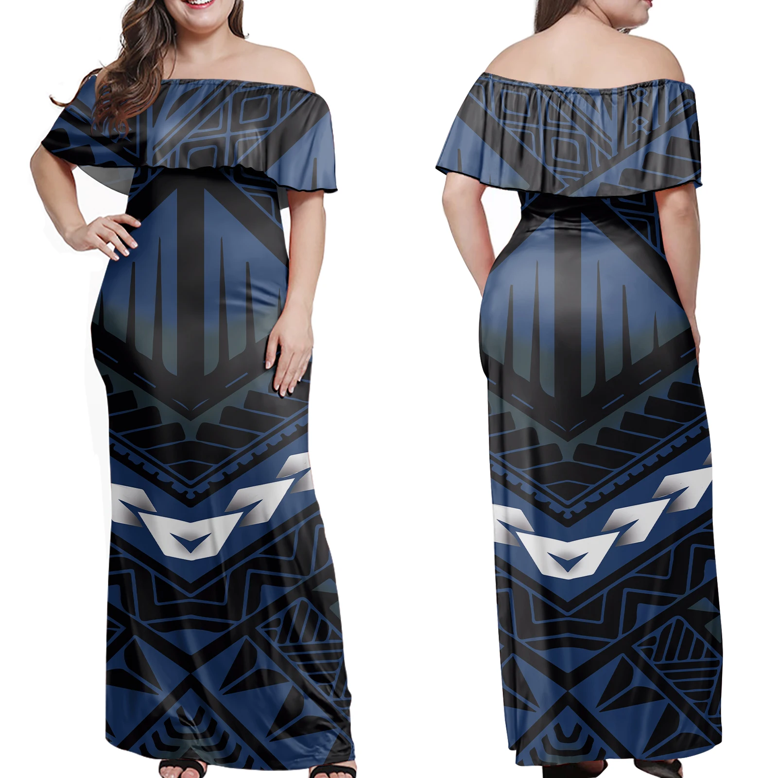 Wholesale Custom ladies dress Polynesian Tropical Tribal Printed Women Maxi Dresses Summer long sleeve dress