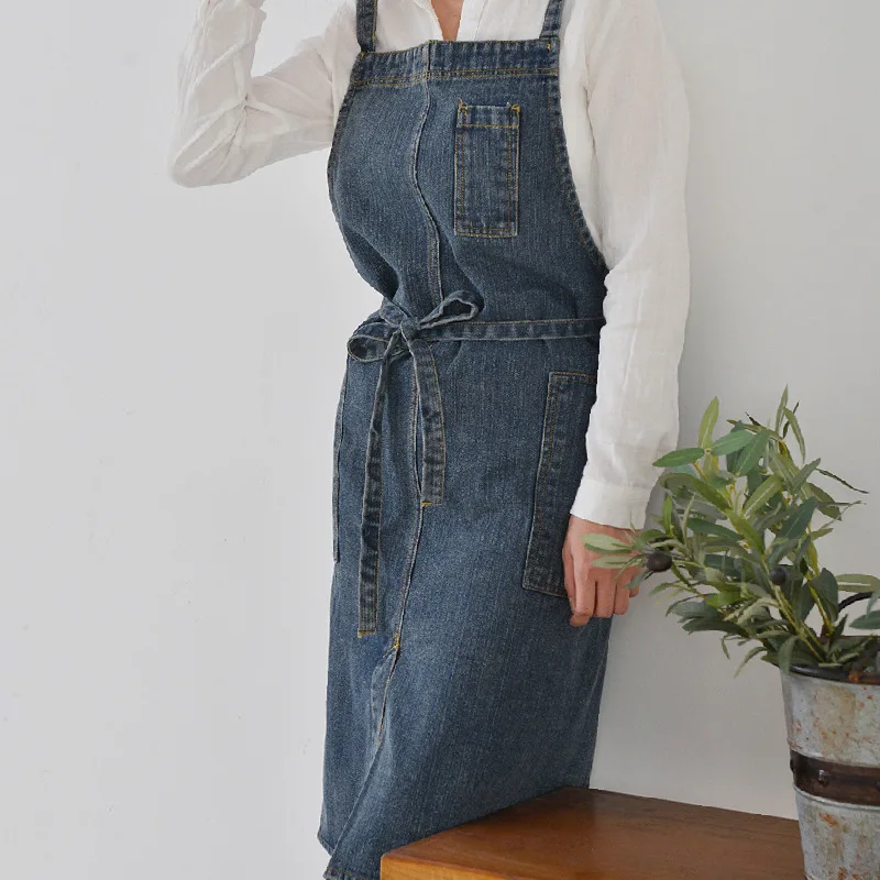 Cotton canvas thickened washed denim apron anti fouling household kitchen work uniform bib apron