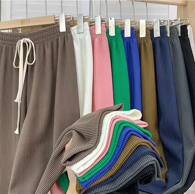 Fashion Women Summer Wide Leg Pants Casual High Waist Long Trousers Female Pleated Solid Color Pants Streetwear