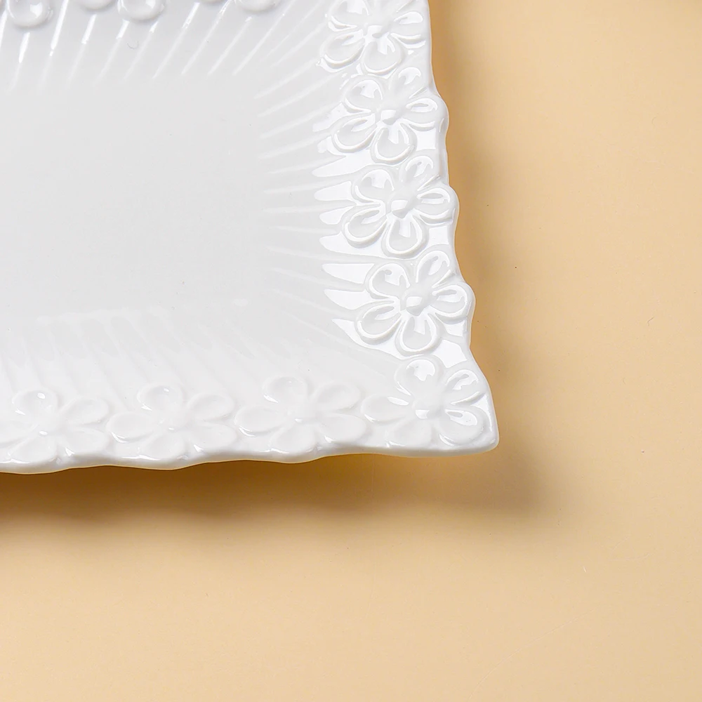 Creative catering dinnerware white embossed rectangular ceramic dinner plates for restaurant wedding