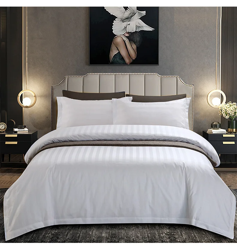 Factory Manufacture 5 Star 300 Thread Count 3Cm Sateen Stripe Bedsheets 100% Cotton White Bed Sheet Set Use Hotel