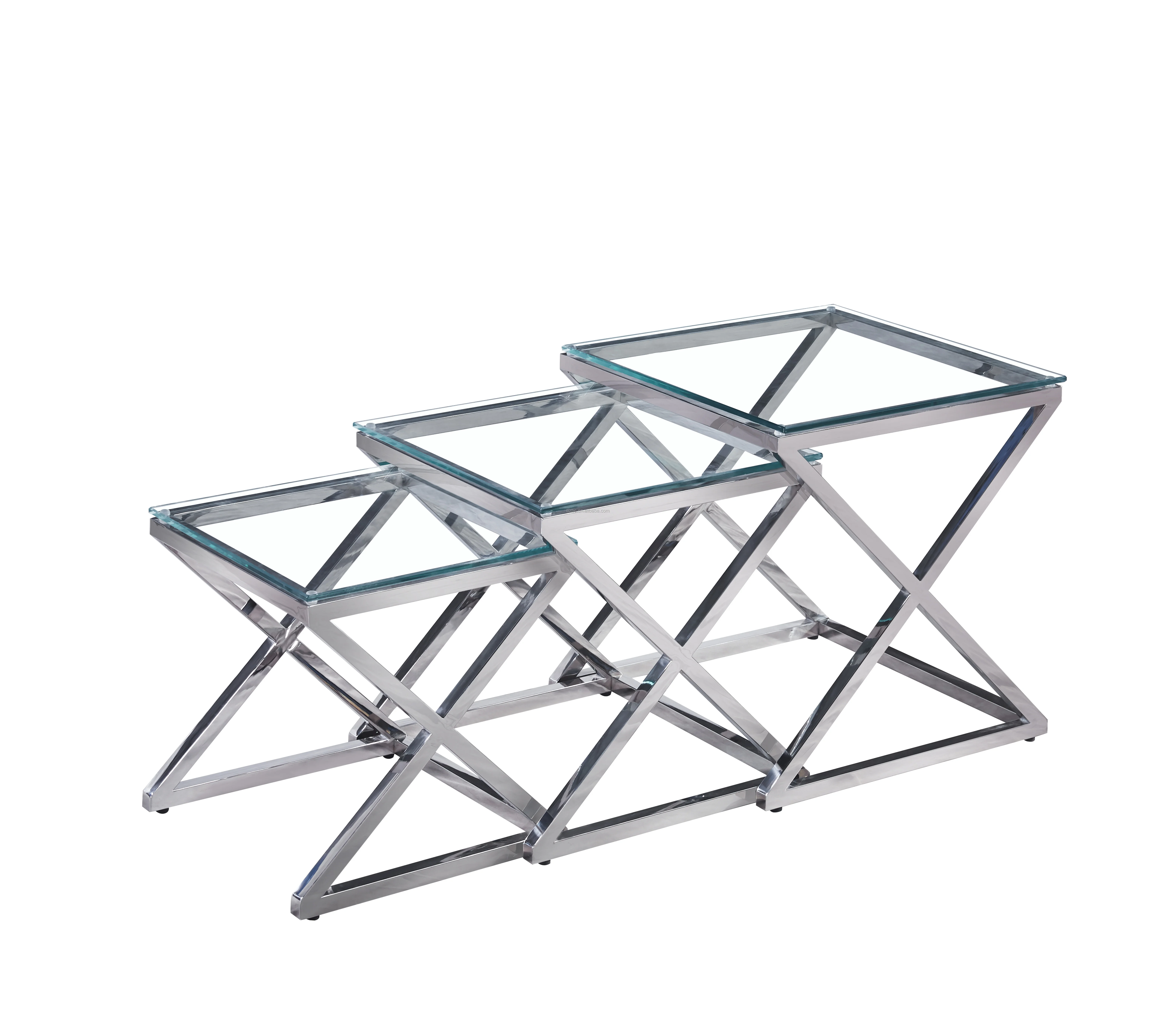 2023 modern luxury glass top with stainless steel frame nesting coffee table