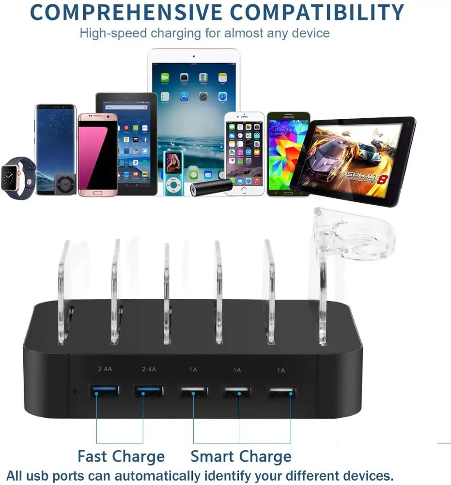 Charging Station 5 Port Cell Phone USB Hub Charger Dock Station Organizer Quick Charge Multi Port Phones Electronic Device