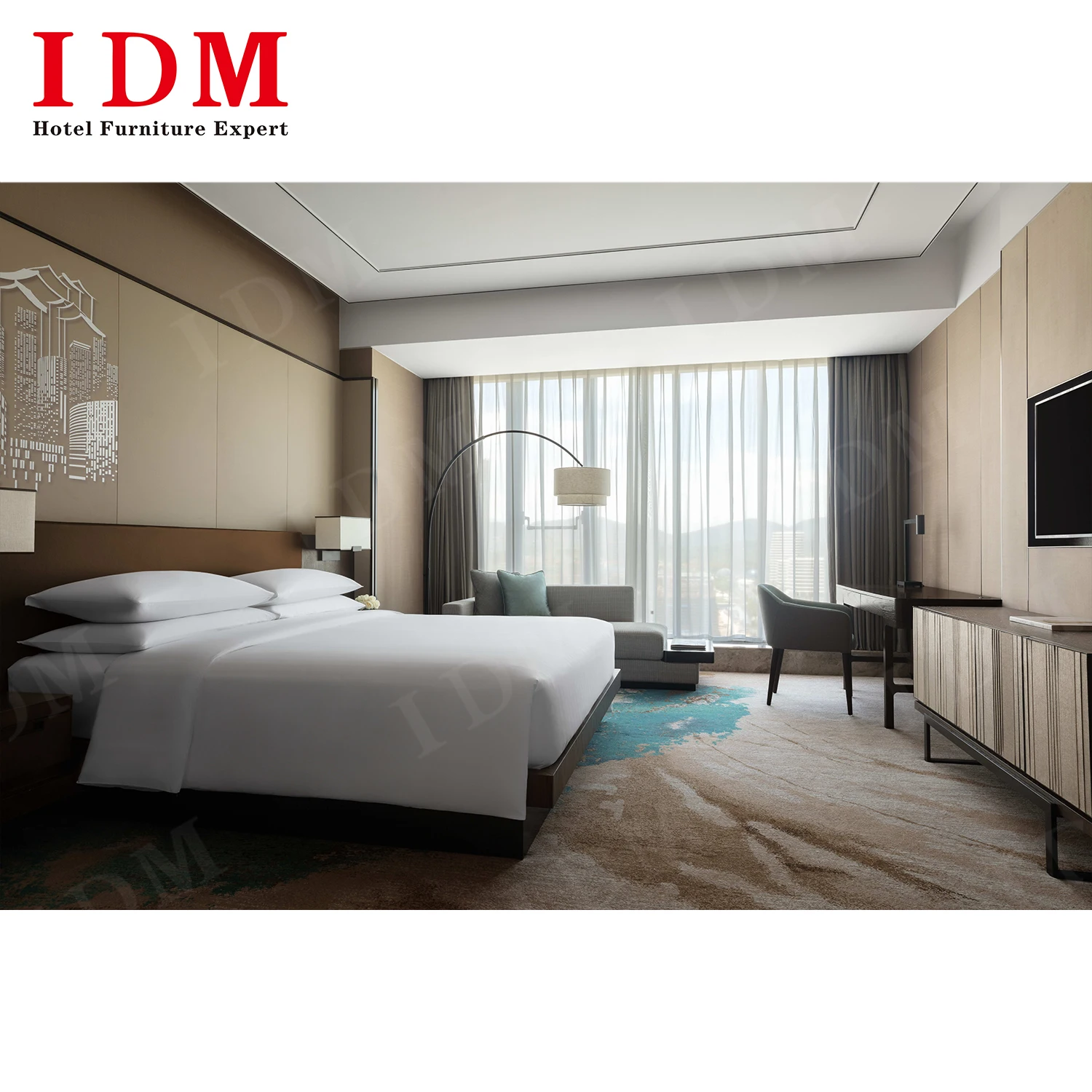 Modern deluxe commercial luxurious hotel bedroom furniture set with pillow sleeping double bed for hotel room furniture