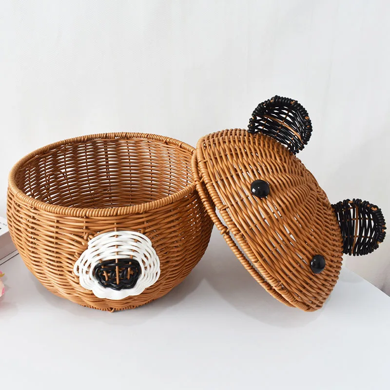 Handwoven PE Rattan Polywicker Storage Basket Bear Storage Basket Cute Nursery Home Decor