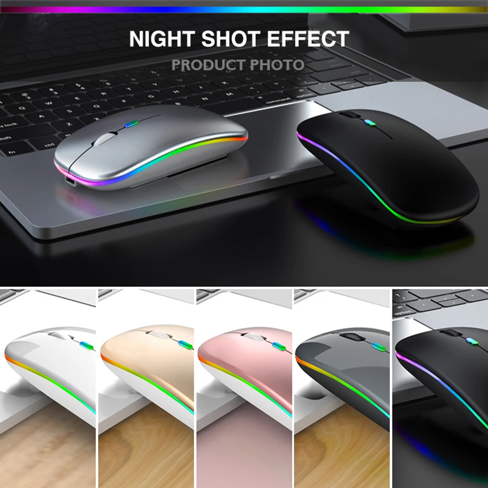 Беспроводная мышь BT RGB перезаряжаемая компьютерная бесшумная эргономичная светодиодная USB оптическая с подсветкой для ноутбука и