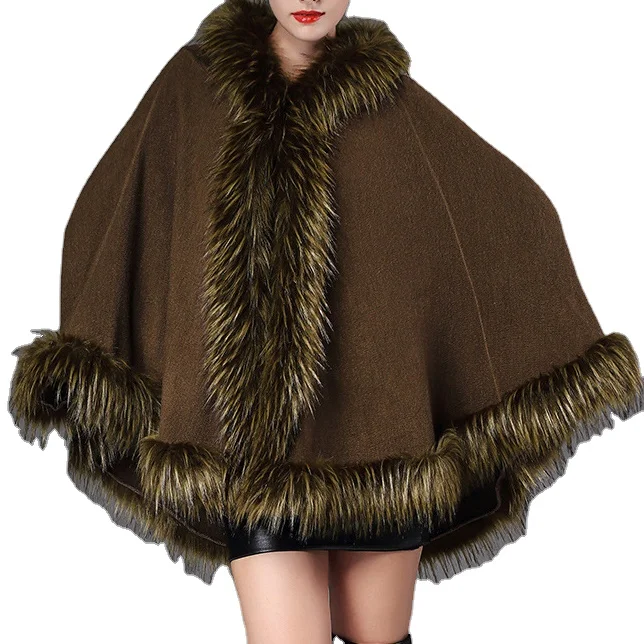 Jtfur Fashion new design loose faux raccoon fur collar hooded sweater cardigan shawl cloak coat