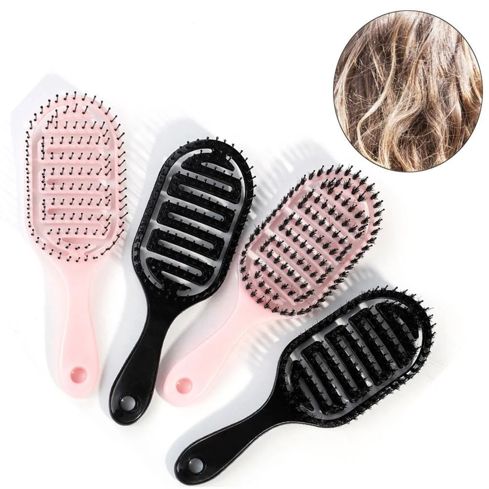 Private Label  Boar Bristle Curved Vented Styling Hair Brush Detangling Plastic Handle Salon Ribs Brush