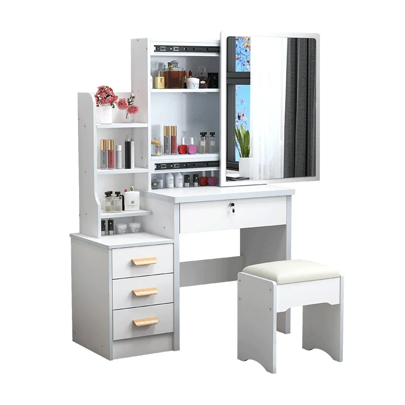 Dressing Table With Mirror And Stool Vanity With Led Light Makeup Mirror Bedroom  Sliding Mirror Invisible Storage With Chair