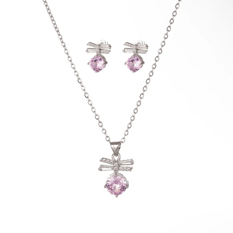 wholesale 18K Gold Brass Inlaid Jewelry Set Jewellery Pink diamond Earrings Necklace Zircon Jewelry Sets For Women