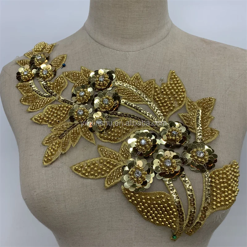 Gold tube beads embroidery lace applique sequin accessories accessories wedding veil headdress wedding applique flowers