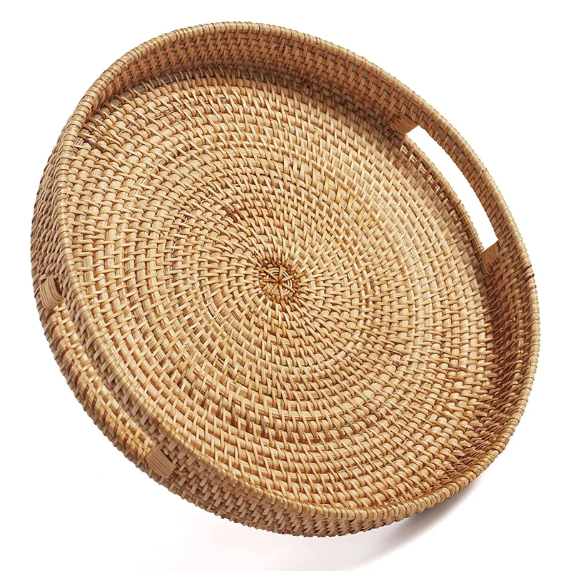 Круглый ротанговый сервировочный поднос декоративные плетеные подносы с ручками для натурального журнального столика
