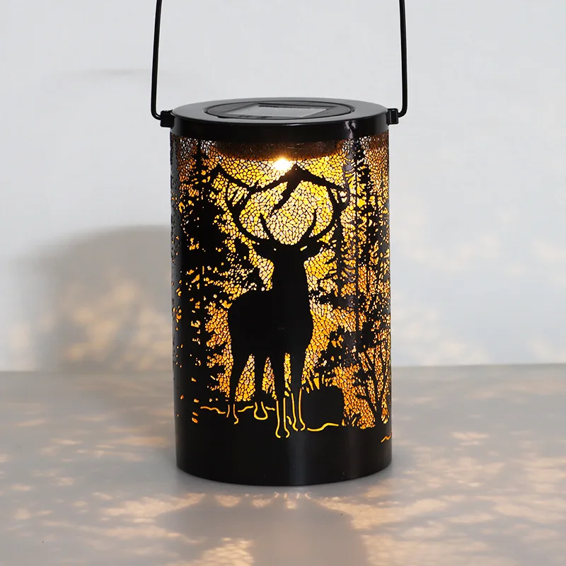 Outdoor waterproof metal projected solar christmas deer hollowed out lantern for decorative landscape garden paths courtyard