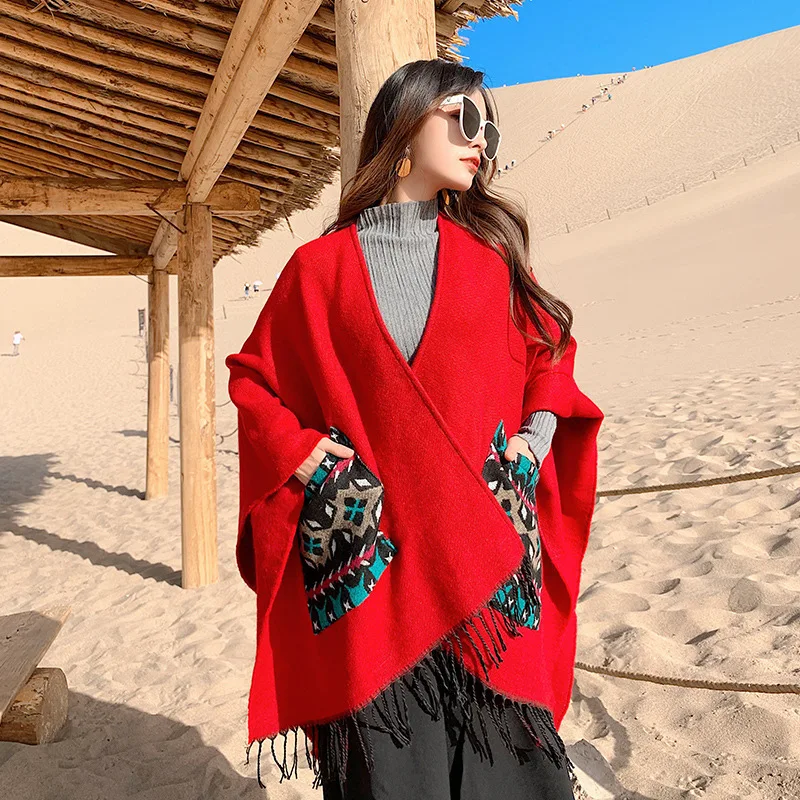 Large cashmere double side shawl geometric jacquard printed pocket thermal soft trim hood cape