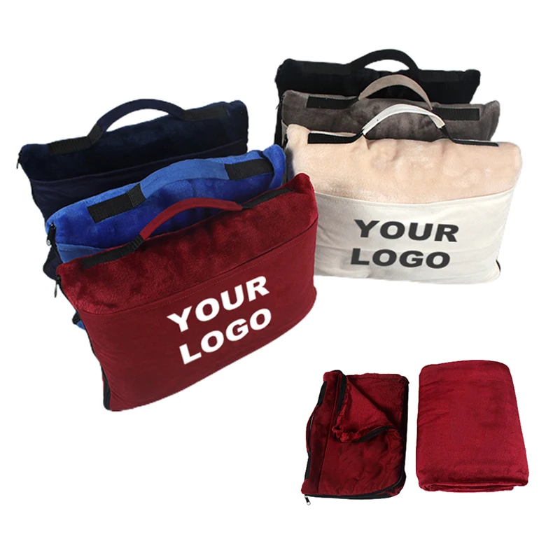 Custom Logo Promotional Gift Travel Pillow Blanket 2 In 1 Embossed Flannel Solid Color OEM ODM Airline Throw Blanket In Bulk