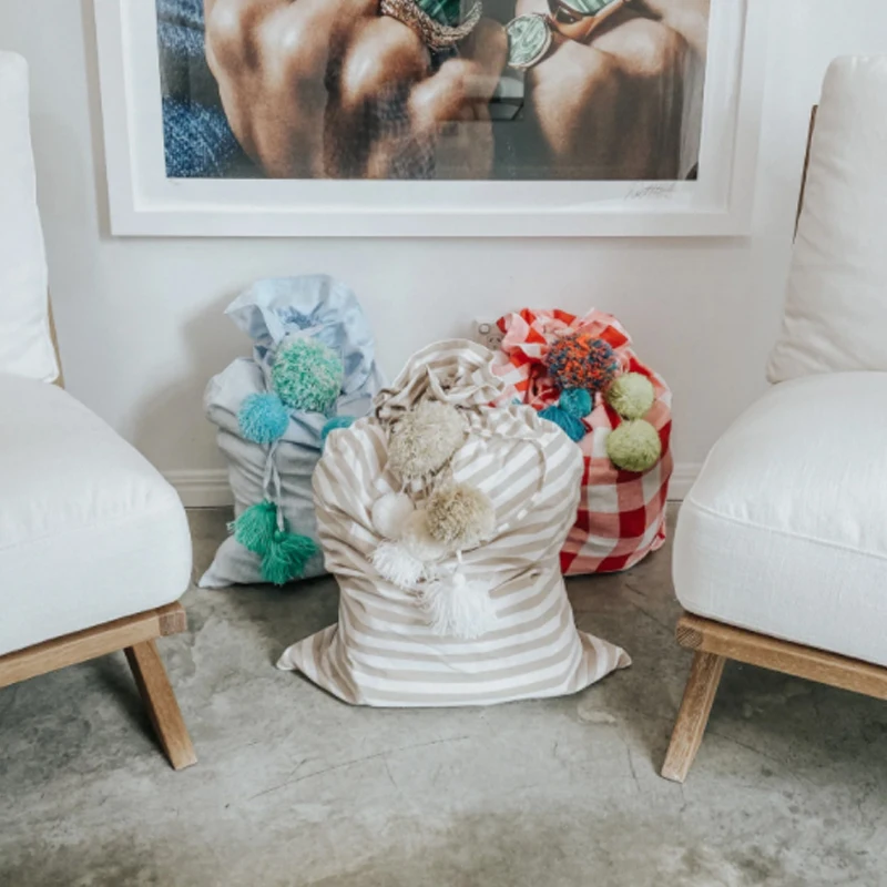 Gingham Santa Sack With Pom Pom Drawstring Large Christmas Sack Wholesale Christmas Gift Bags