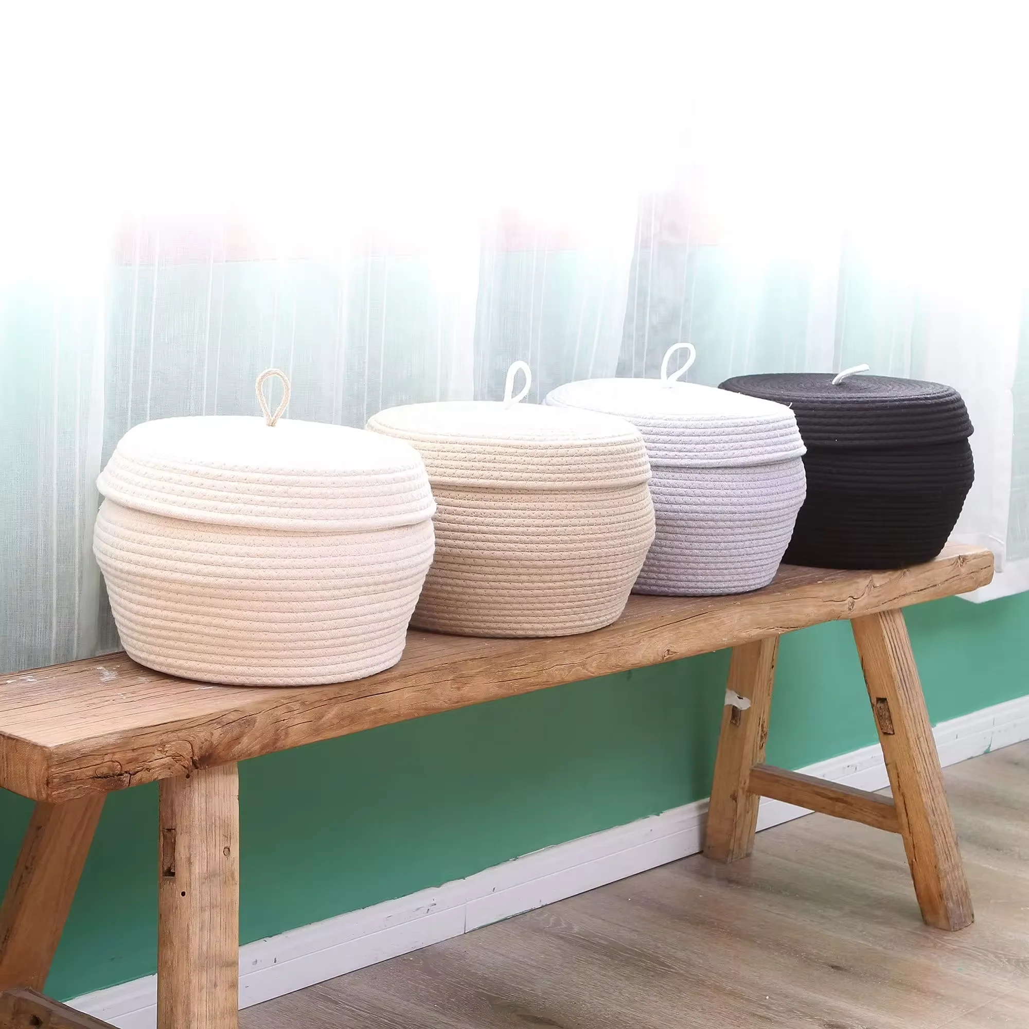 Pure black color small cotton rope woven storage baskets with lid cute cartoon storage baskets woven cotton rope des