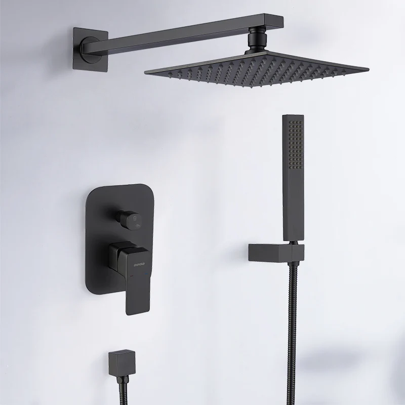 Empolo Concealed shower  luxury wall mounted black bathroom shower faucet caddy shower mixer head rain system