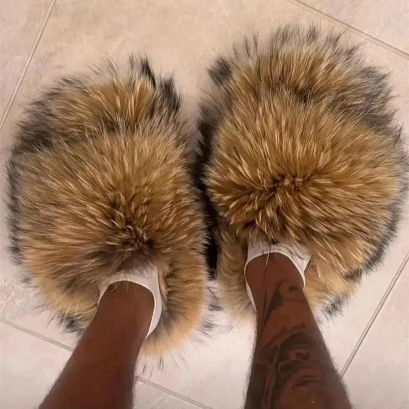 Luxury Fur Slippers Women Round Toe Mongolian Fur Slides Woman Shoes Women Flat Half Slippers