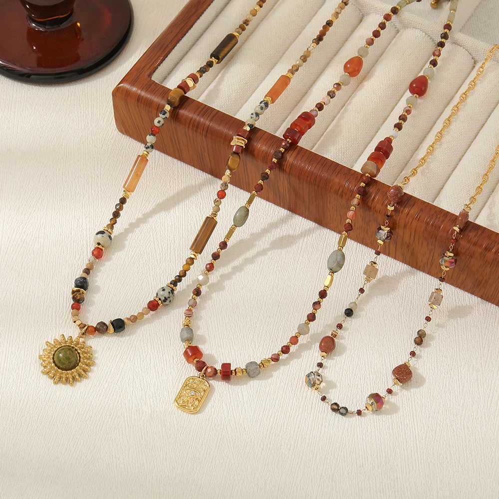fashion tiger eye stone spotted stone red agate handmade sun pendant beaded necklace trendy