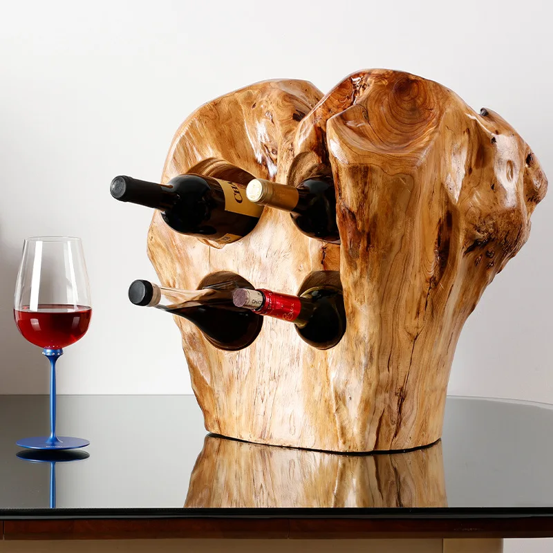 Root Carving Four Hole Household Bottle Storage Shelf Solid Wooden Wine Rack For Home