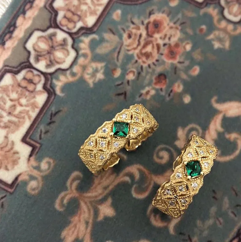 empire style jewelry 925 sterling silver gold plated emerald green s925 anillos de plata adjustable band rings for young