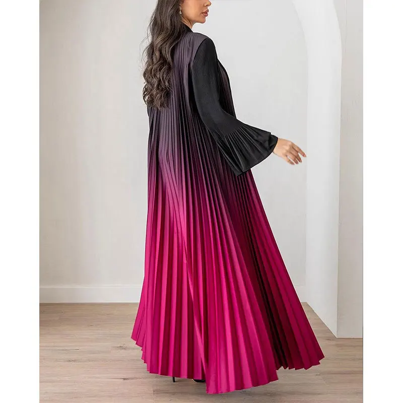 New Long Pleated Horn Sleeve Gradient Color Cardigan Muslim Oversized Skirt