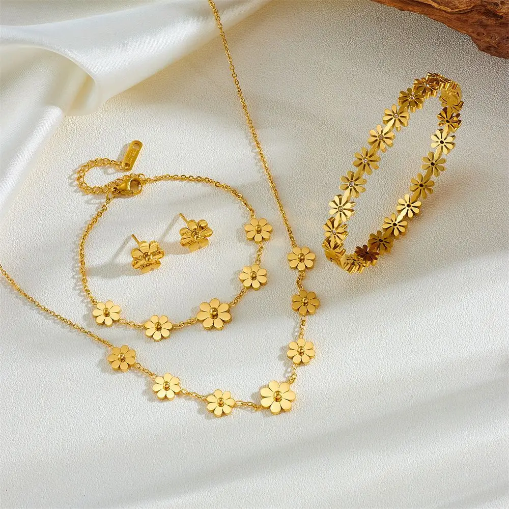 18k Gold Plated  Stainless Steel Set Women 5 Pcs Flower Jewelry Set Necklace Bangle Bracelet Earrings Anklet