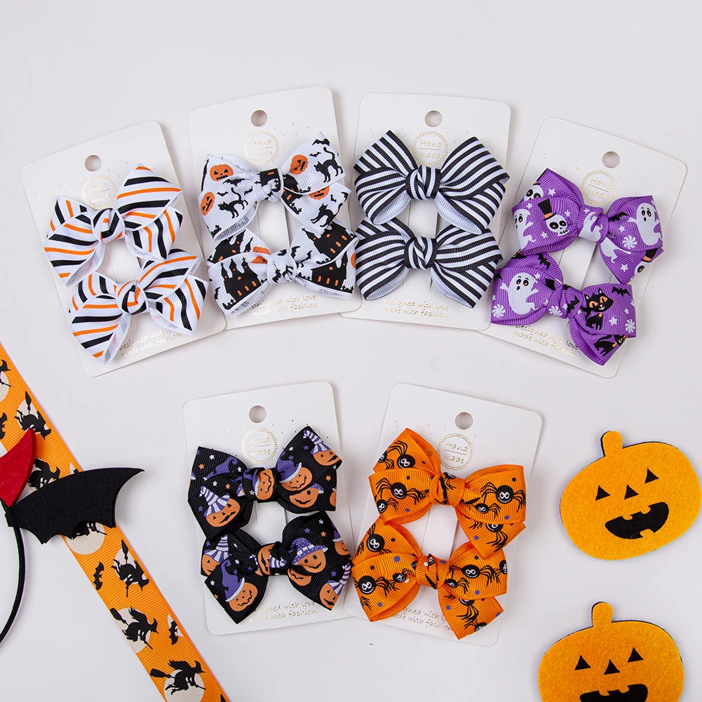 Halloween Party Ribbon Bowknot Hair Clips Big Bow Hair Grips For Children Boutique Halloween Hair Bow With Clips For Kids