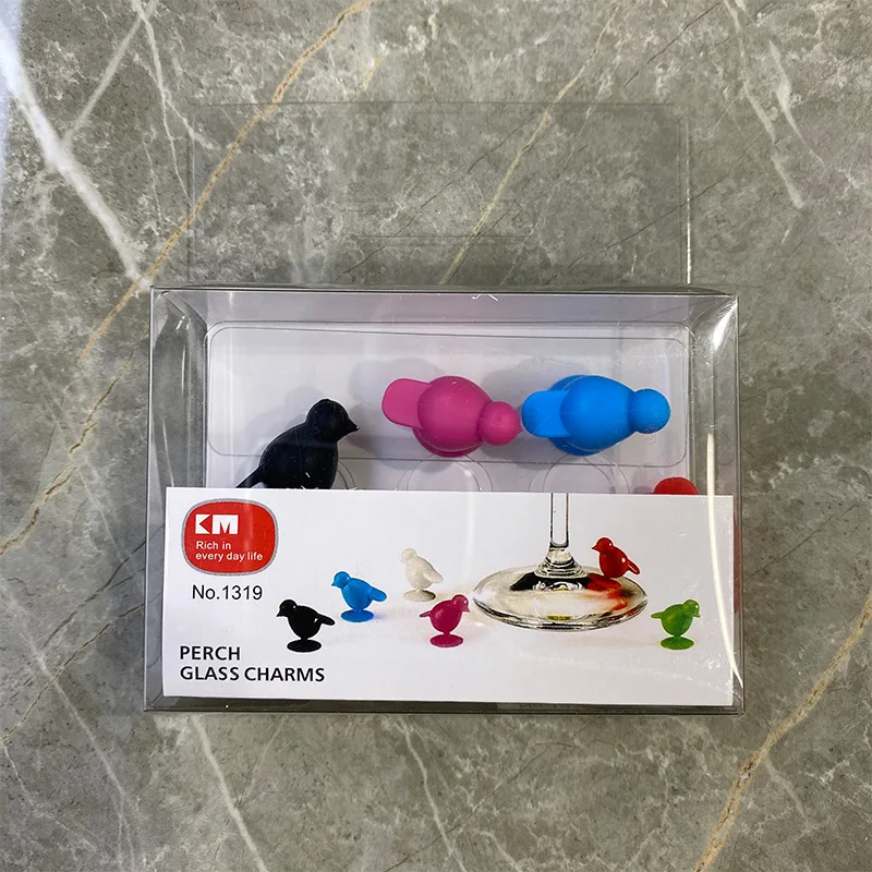 Creative Red Wine Cup with Silicone Bird Logo and Color Label 6PC PVC Box Modern Bar Accessories Sustainable Wine Glass Marker