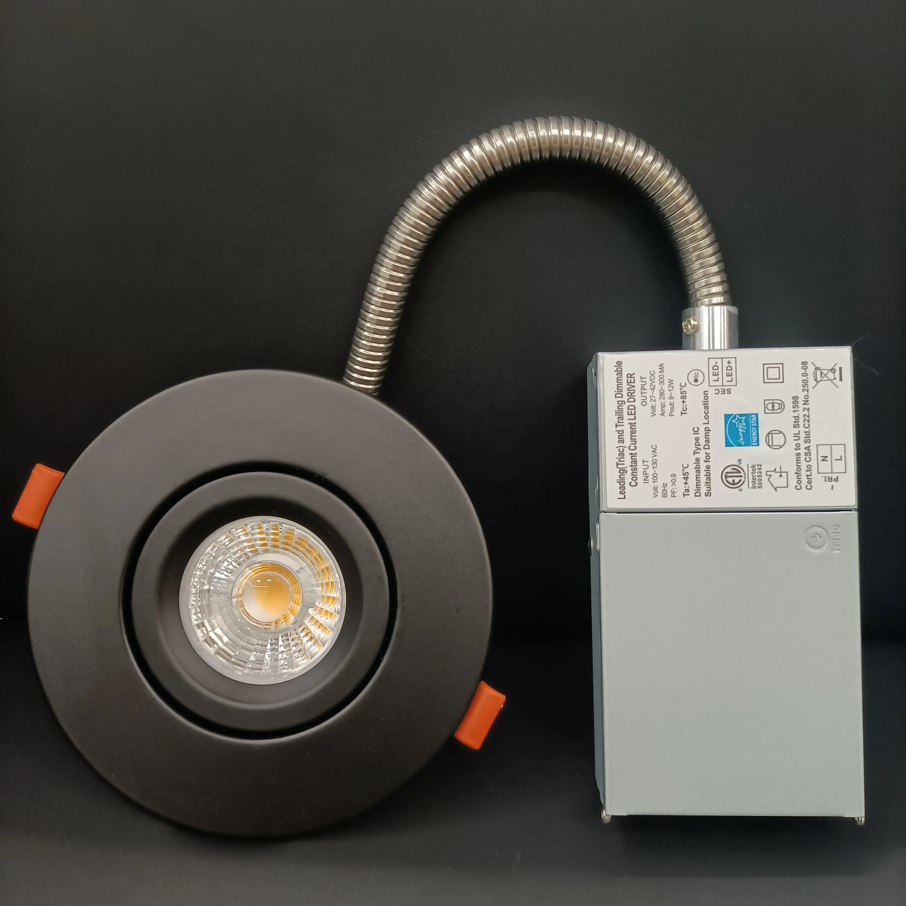 Round ETL ES FCC Black LED Recessed Downlight 4inch 9w new product with flexible metal tubing damp location 800lm IP44 120V
