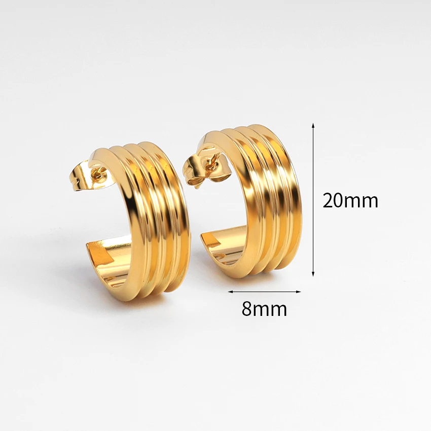 Luxury Stainless Steel 18k Gold Plated Round Hoop Earrings Minimalist Waterproof Striped C- Shape Chunky Earrings For Women