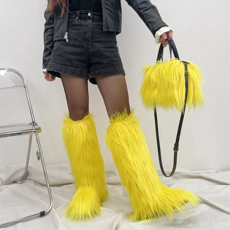 BUSY GIRL RS4807 fur boots with purse set white purple faux mongolian lamb ladies winter boots flat knee furry boots and bags