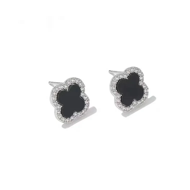 925 Sterling Silver Classics Black Four Leaf Clover Earrings Fashion Jewelry Accessories