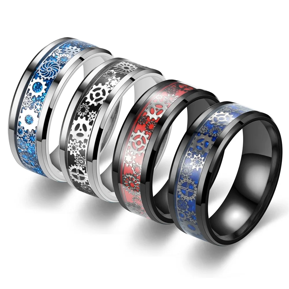 Wholesale Punk 8MM O Shape Rings Silver Black Stainless Steel Multi Color Oil Drip Pattern Gear Finger Rings