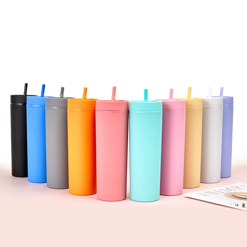 Portable Tumbler Cup Matte Plastic Water Bottle with Reusable Straw and Lid Double Wall Custom Logo Straight Cup