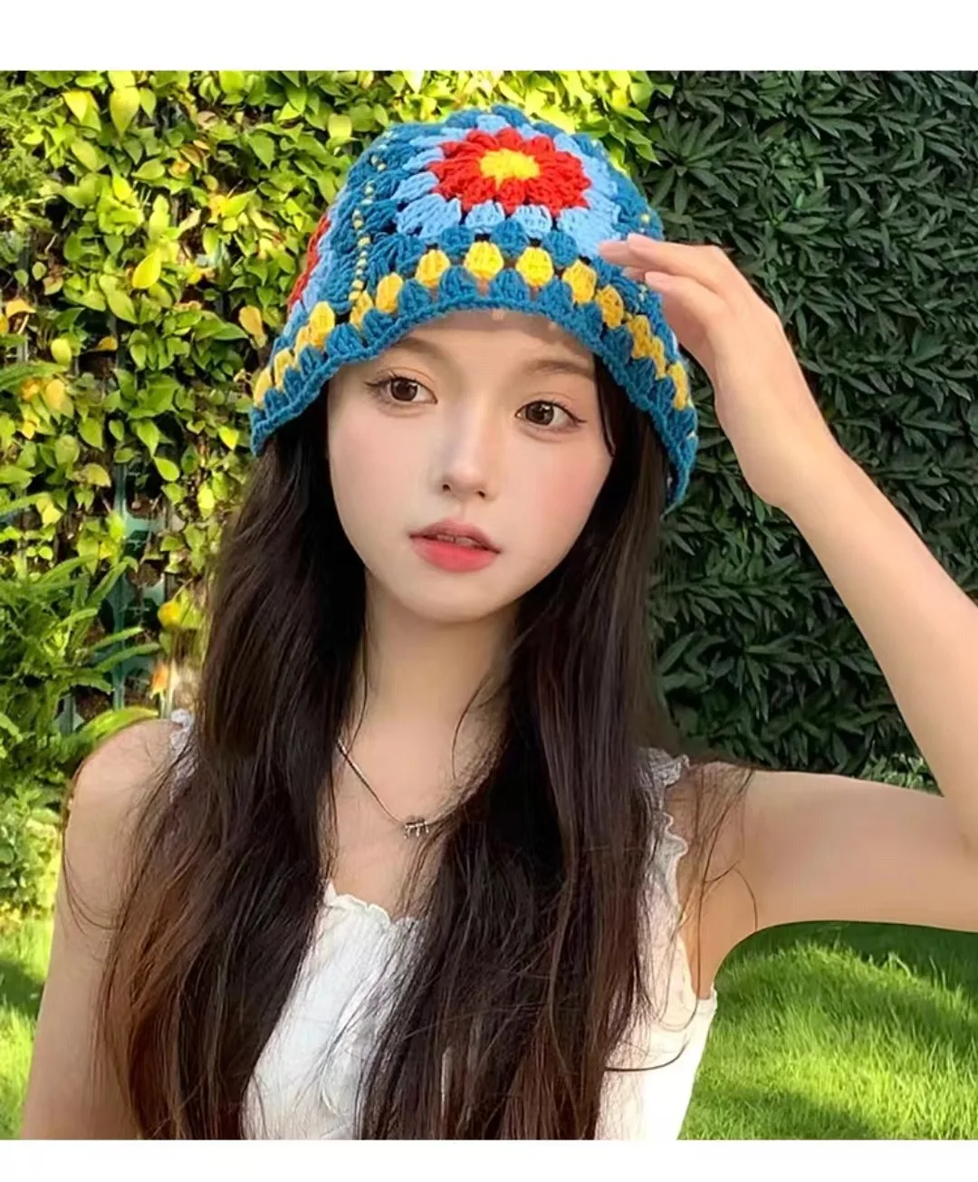 New Design Hand Color Check Flower Knitted Fisherman Hat Cute Ruffle Brimmed Crochet Bucket Hats